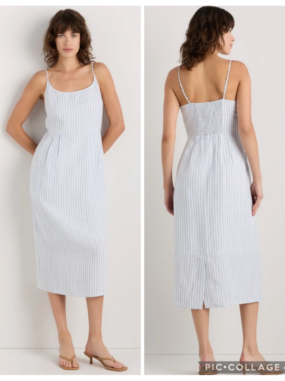 EUC Quince 100% European Linen Scoop Neck Midi Dress in Sky Blue Mariner Stripe